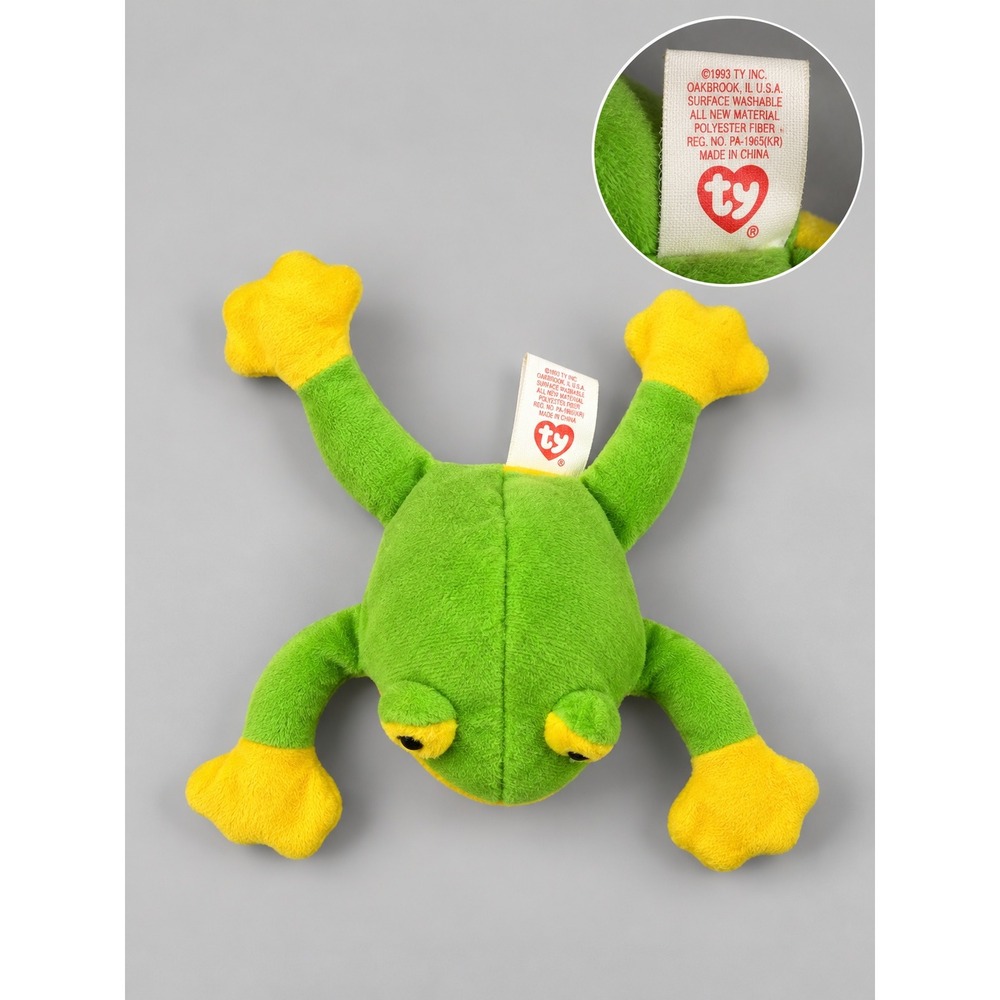 Vintage 1993 Ty Teenie Beanie Baby Smoochy the Frog Green Yellow Plush Toy